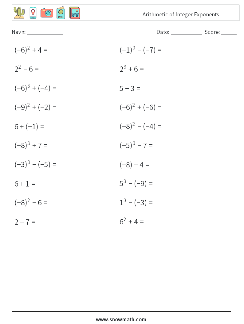 Arithmetic of Integer Exponents Matematiske regneark 9
