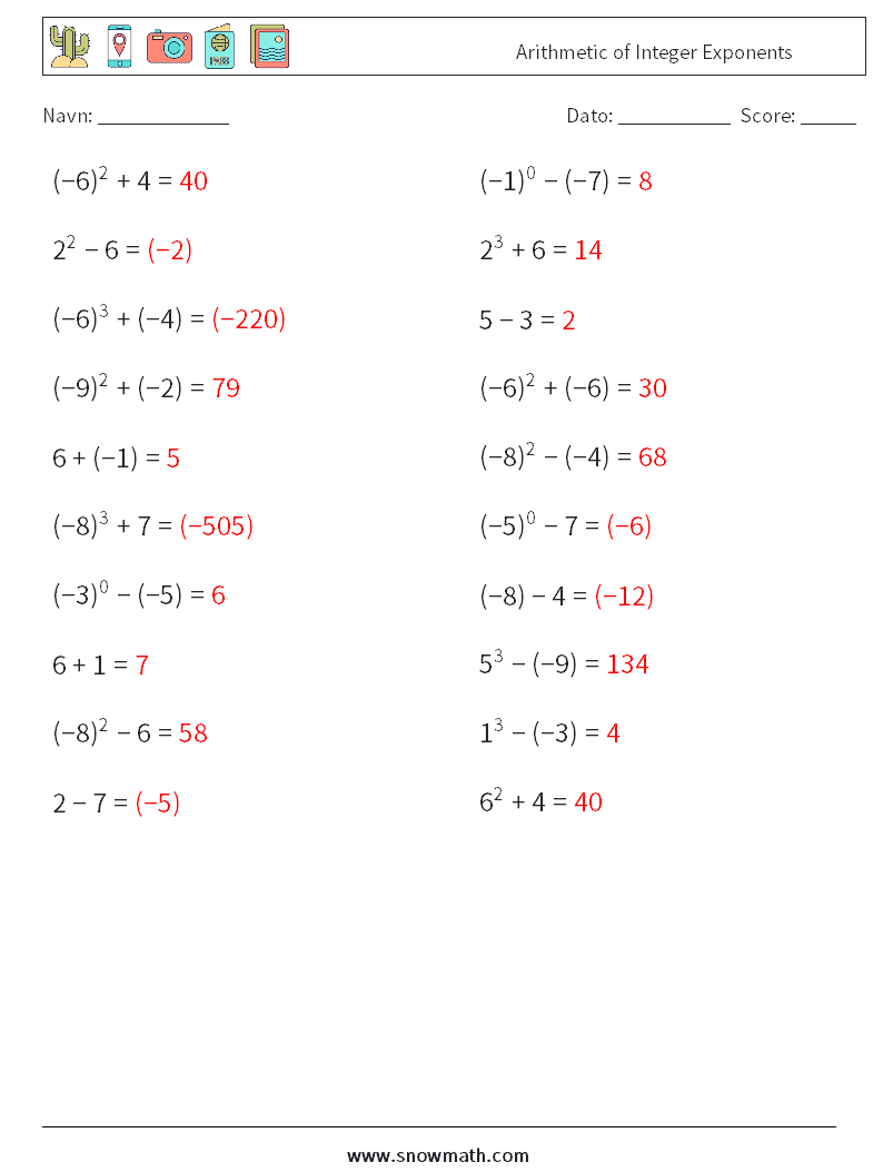 Arithmetic of Integer Exponents Matematiske regneark 9 Spørgsmål, svar