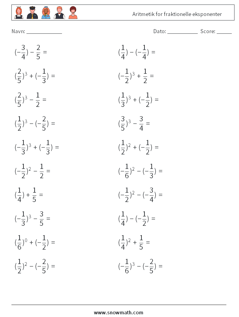 Aritmetik for fraktionelle eksponenter Matematiske regneark 1