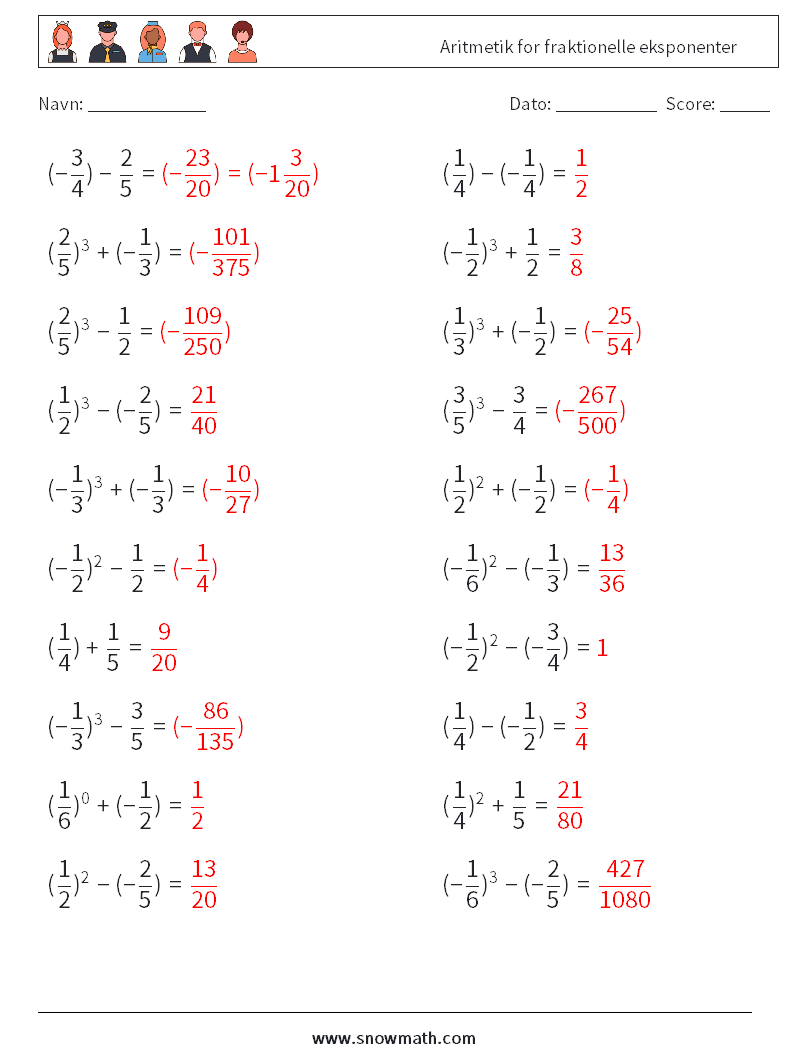 Aritmetik for fraktionelle eksponenter Matematiske regneark 1 Spørgsmål, svar