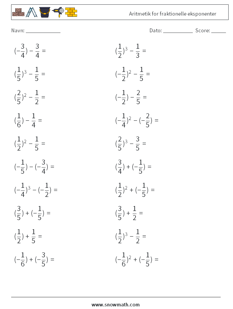 Aritmetik for fraktionelle eksponenter Matematiske regneark 2