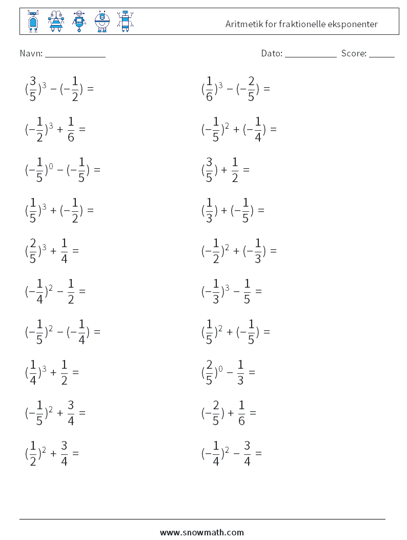 Aritmetik for fraktionelle eksponenter Matematiske regneark 3