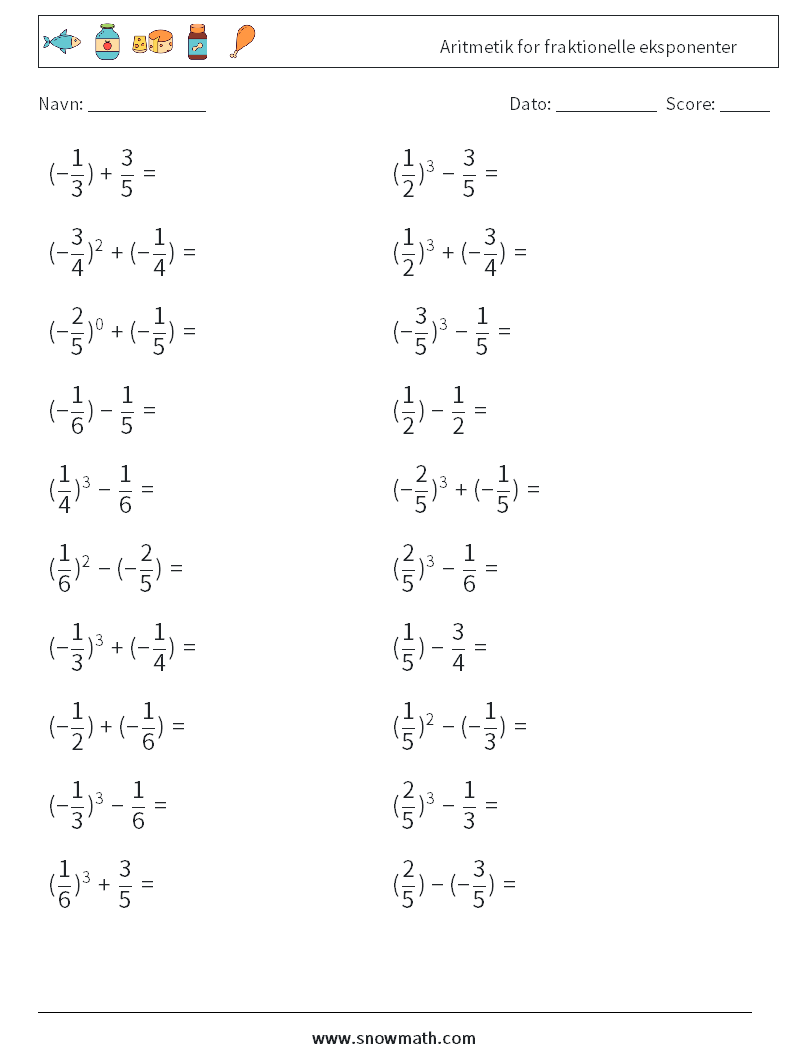 Aritmetik for fraktionelle eksponenter Matematiske regneark 5