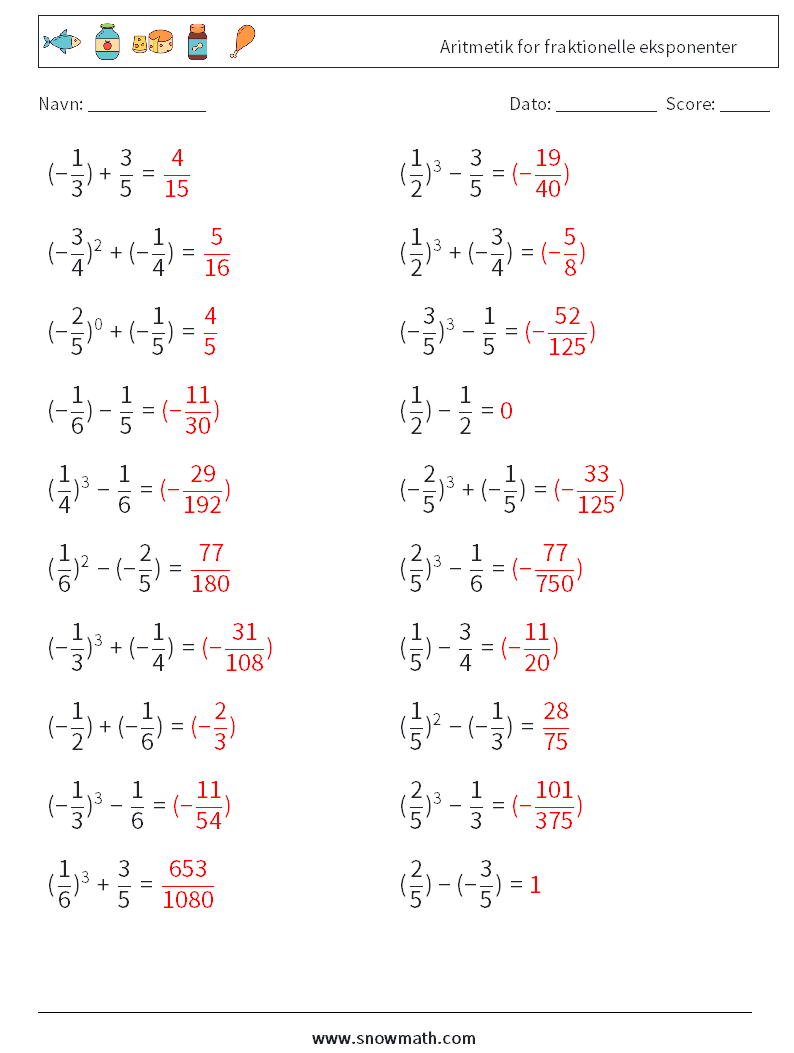 Aritmetik for fraktionelle eksponenter Matematiske regneark 5 Spørgsmål, svar