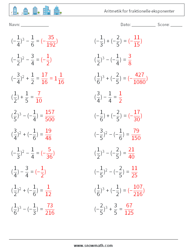 Aritmetik for fraktionelle eksponenter Matematiske regneark 6 Spørgsmål, svar