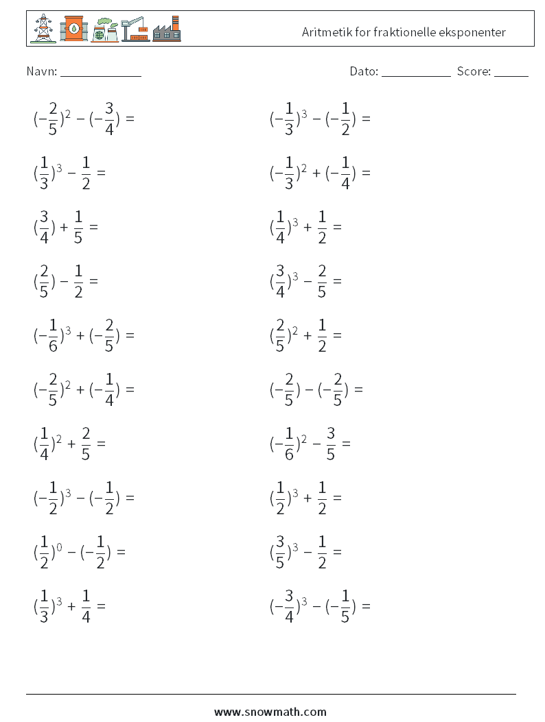 Aritmetik for fraktionelle eksponenter Matematiske regneark 7