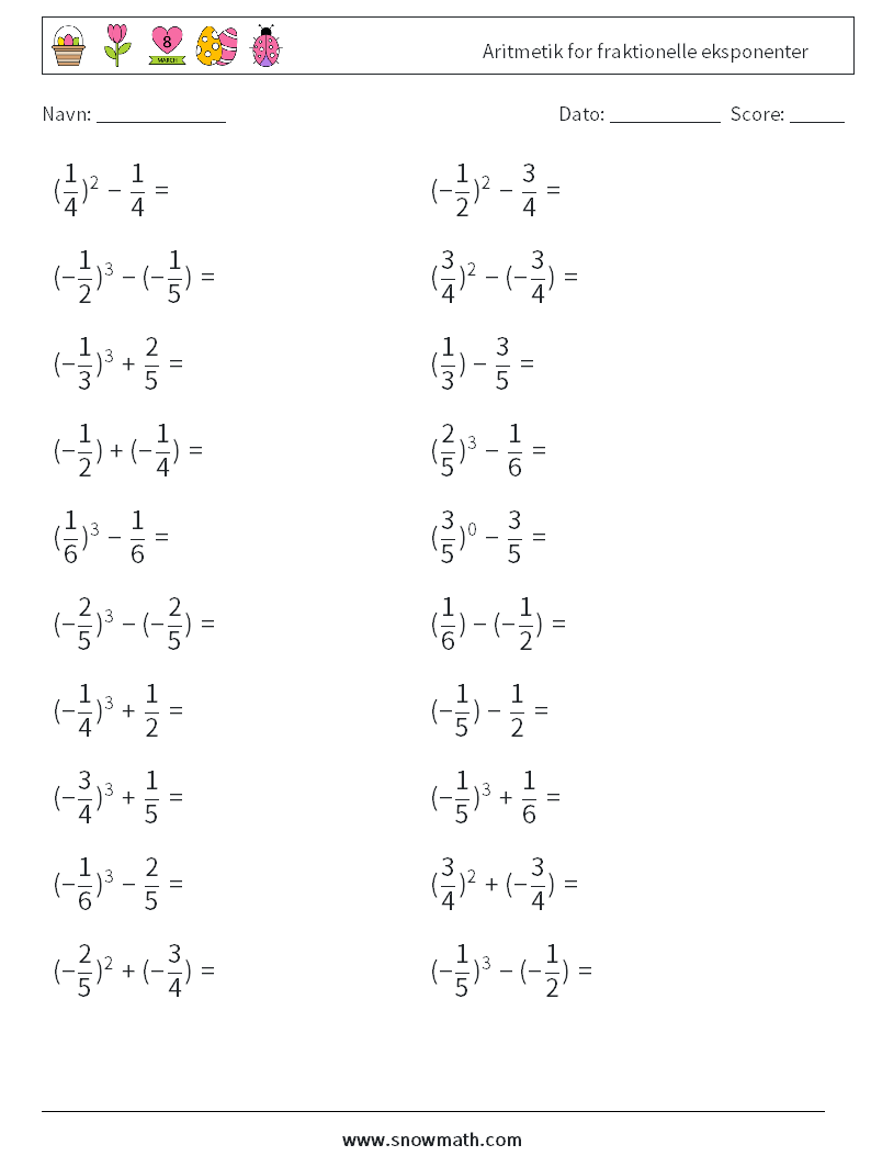 Aritmetik for fraktionelle eksponenter Matematiske regneark 8