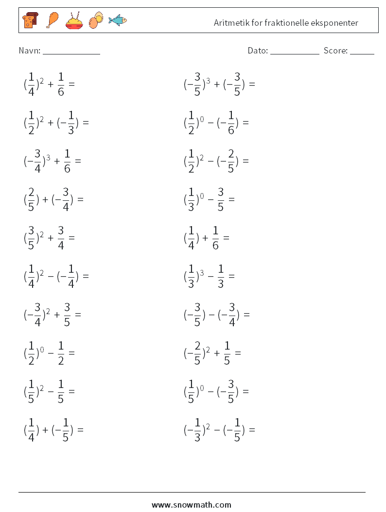 Aritmetik for fraktionelle eksponenter Matematiske regneark 9