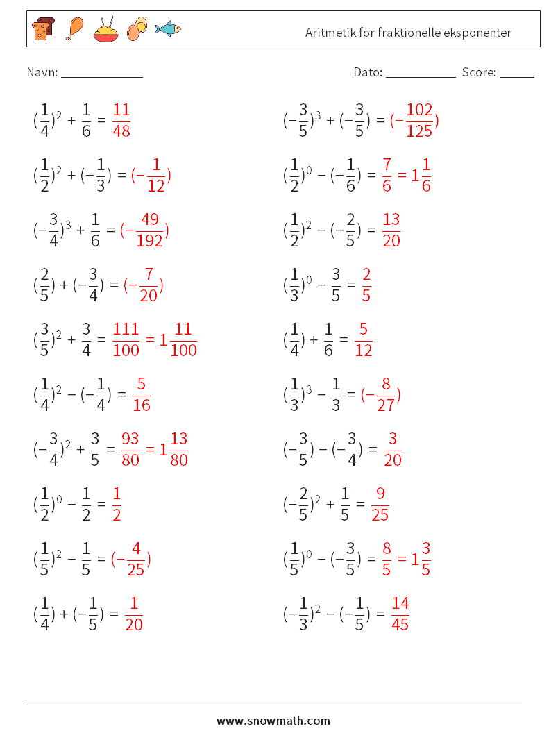 Aritmetik for fraktionelle eksponenter Matematiske regneark 9 Spørgsmål, svar