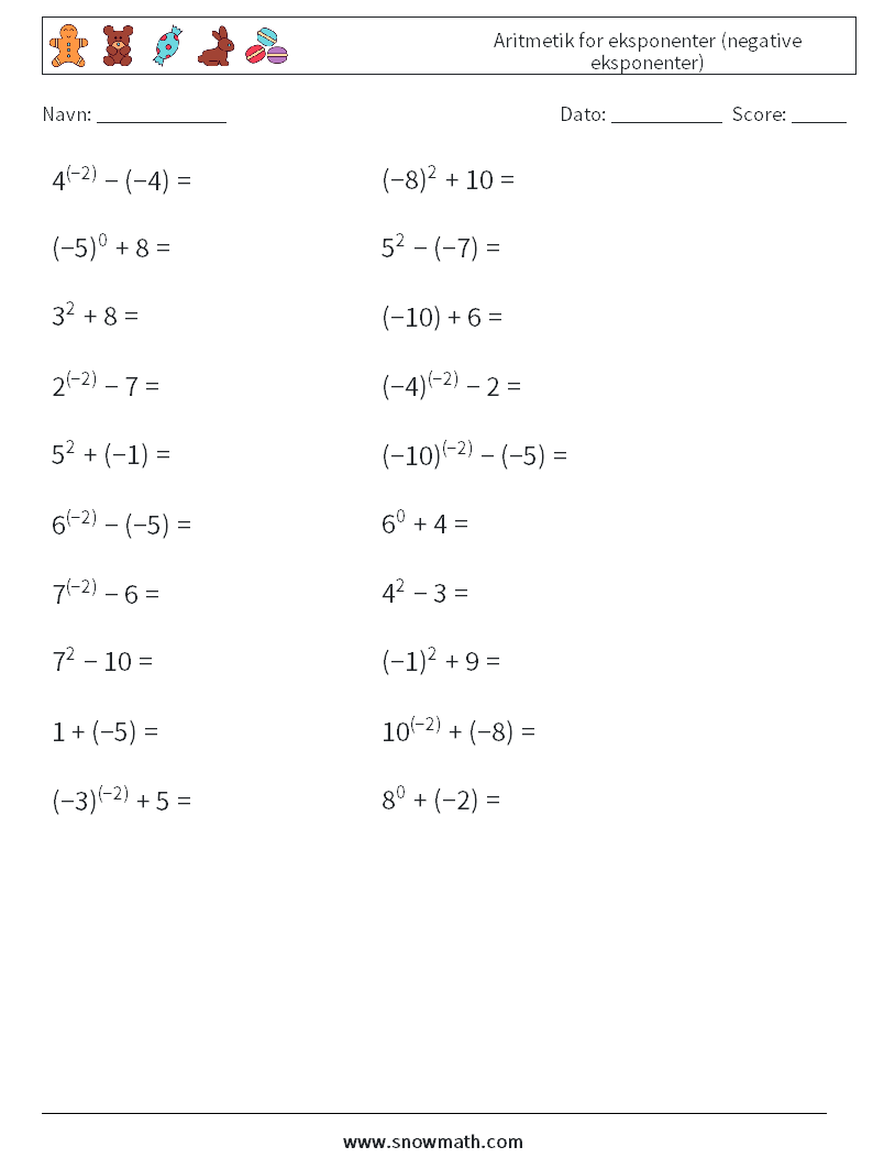  Aritmetik for eksponenter (negative eksponenter) Matematiske regneark 1