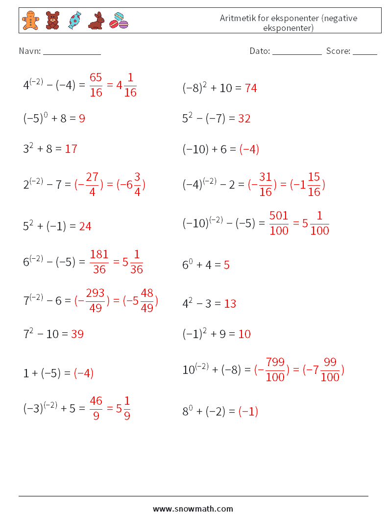  Aritmetik for eksponenter (negative eksponenter) Matematiske regneark 1 Spørgsmål, svar