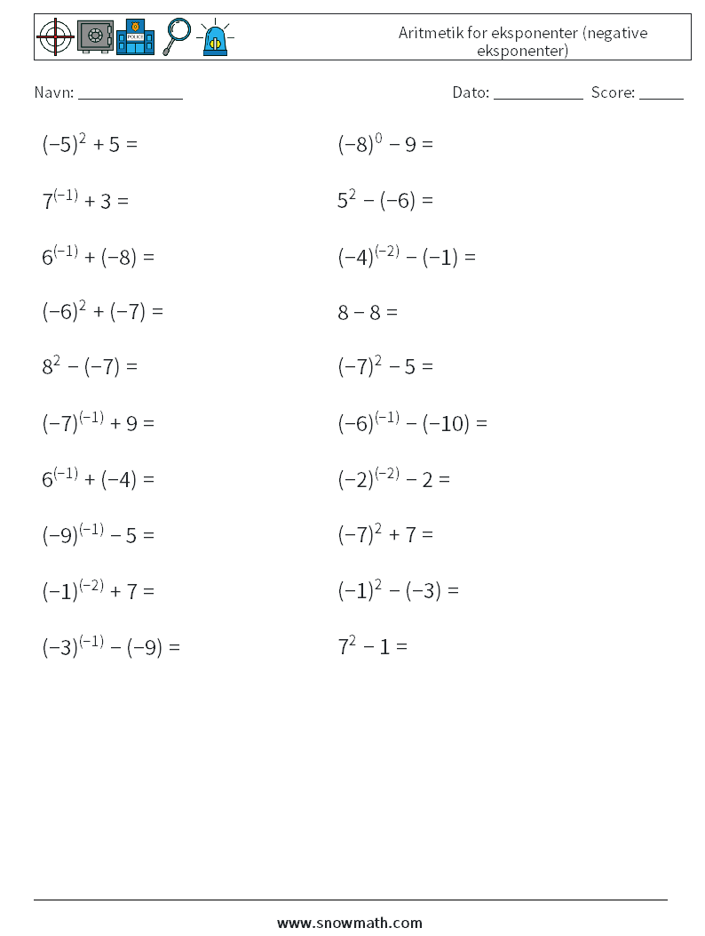  Aritmetik for eksponenter (negative eksponenter) Matematiske regneark 7