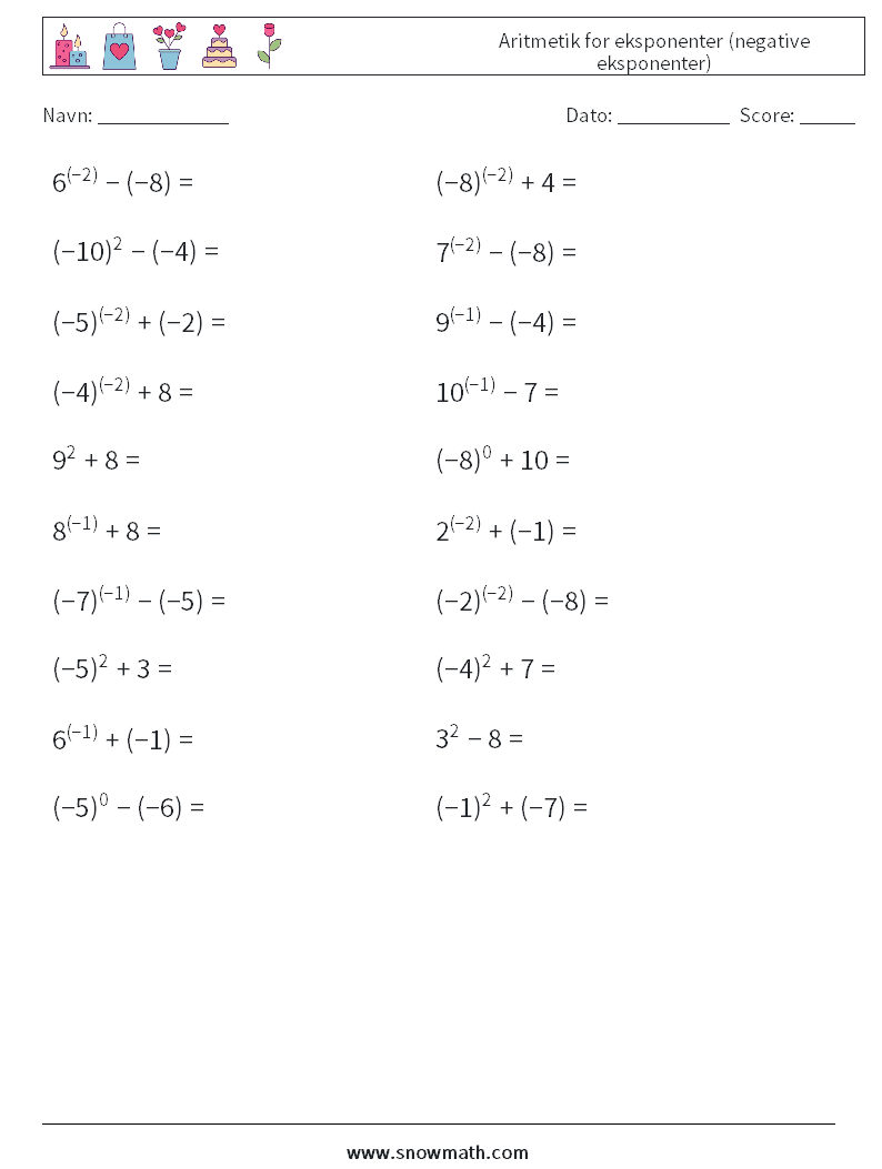  Aritmetik for eksponenter (negative eksponenter) Matematiske regneark 8