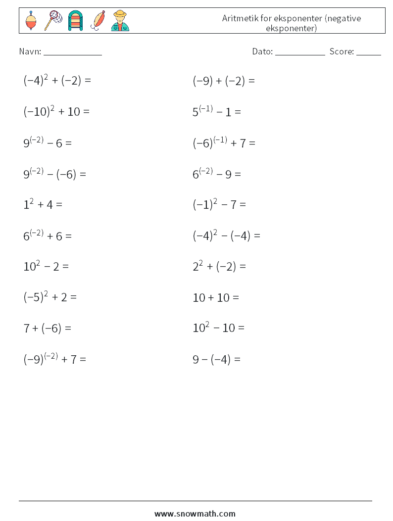  Aritmetik for eksponenter (negative eksponenter) Matematiske regneark 9
