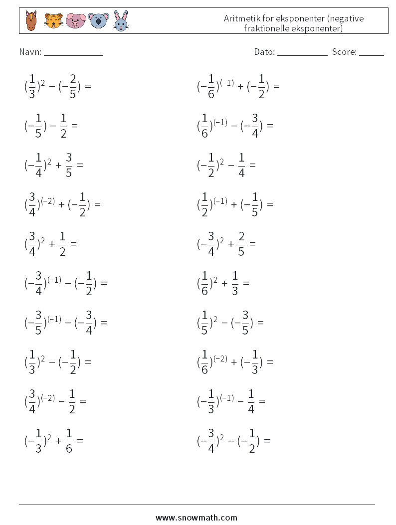  Aritmetik for eksponenter (negative fraktionelle eksponenter) Matematiske regneark 1