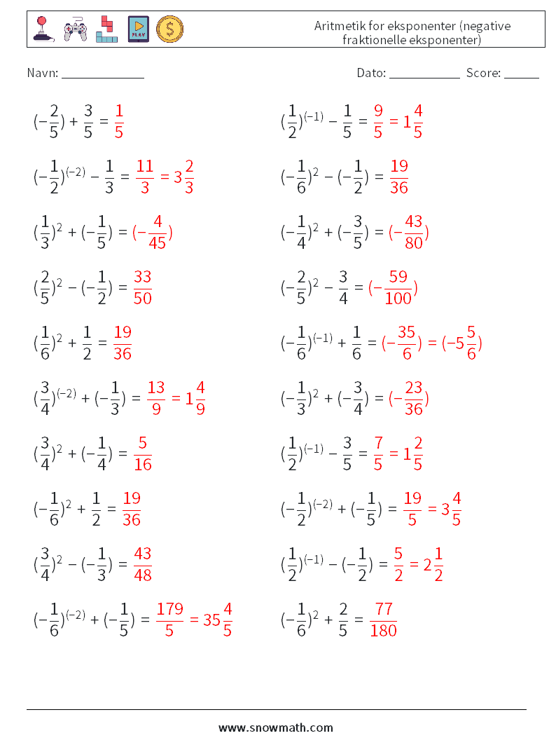  Aritmetik for eksponenter (negative fraktionelle eksponenter) Matematiske regneark 6 Spørgsmål, svar