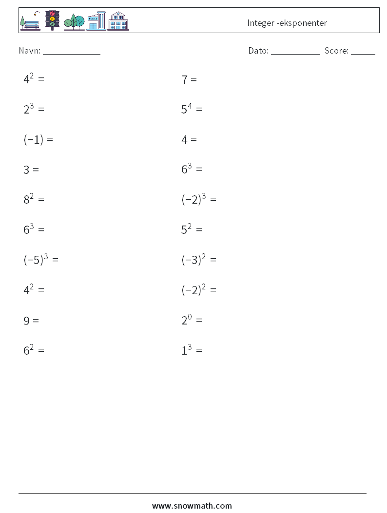 Integer -eksponenter Matematiske regneark 1