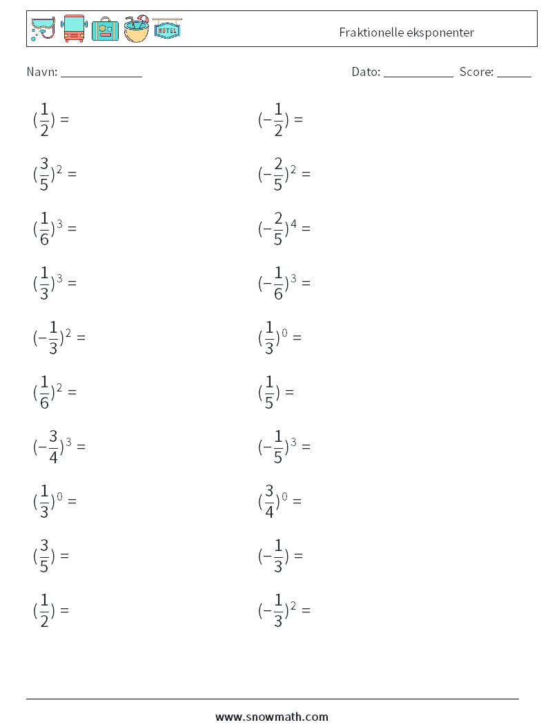 Fraktionelle eksponenter Matematiske regneark 1