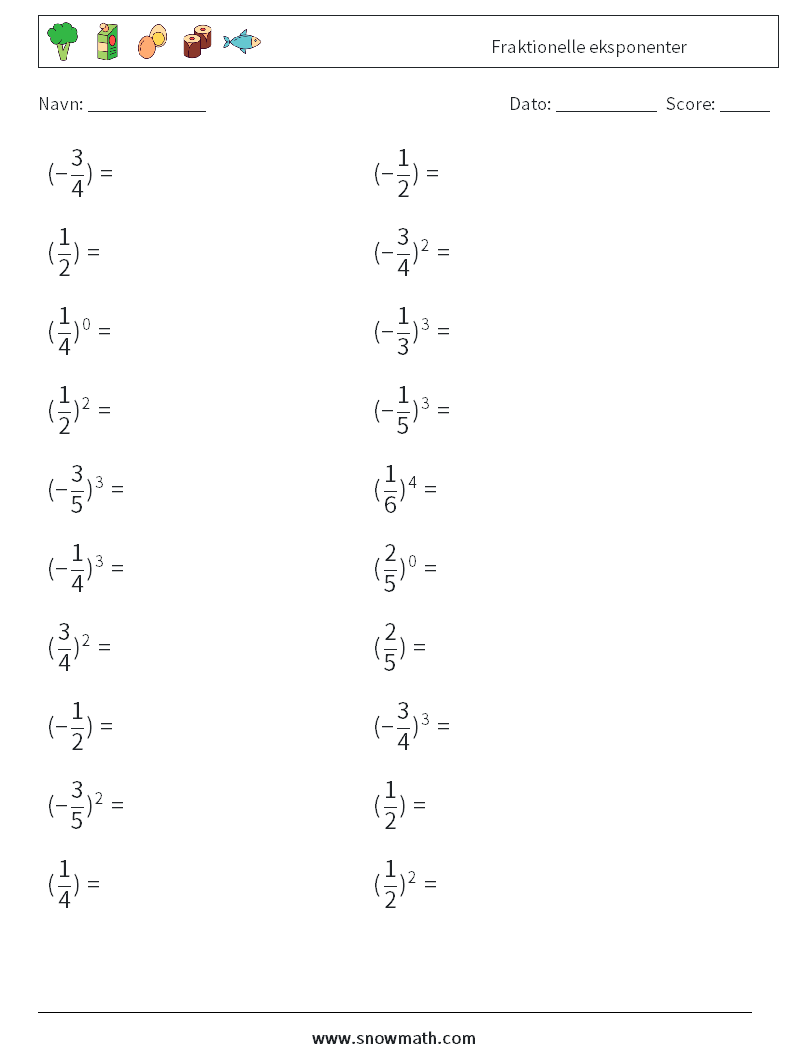 Fraktionelle eksponenter Matematiske regneark 2