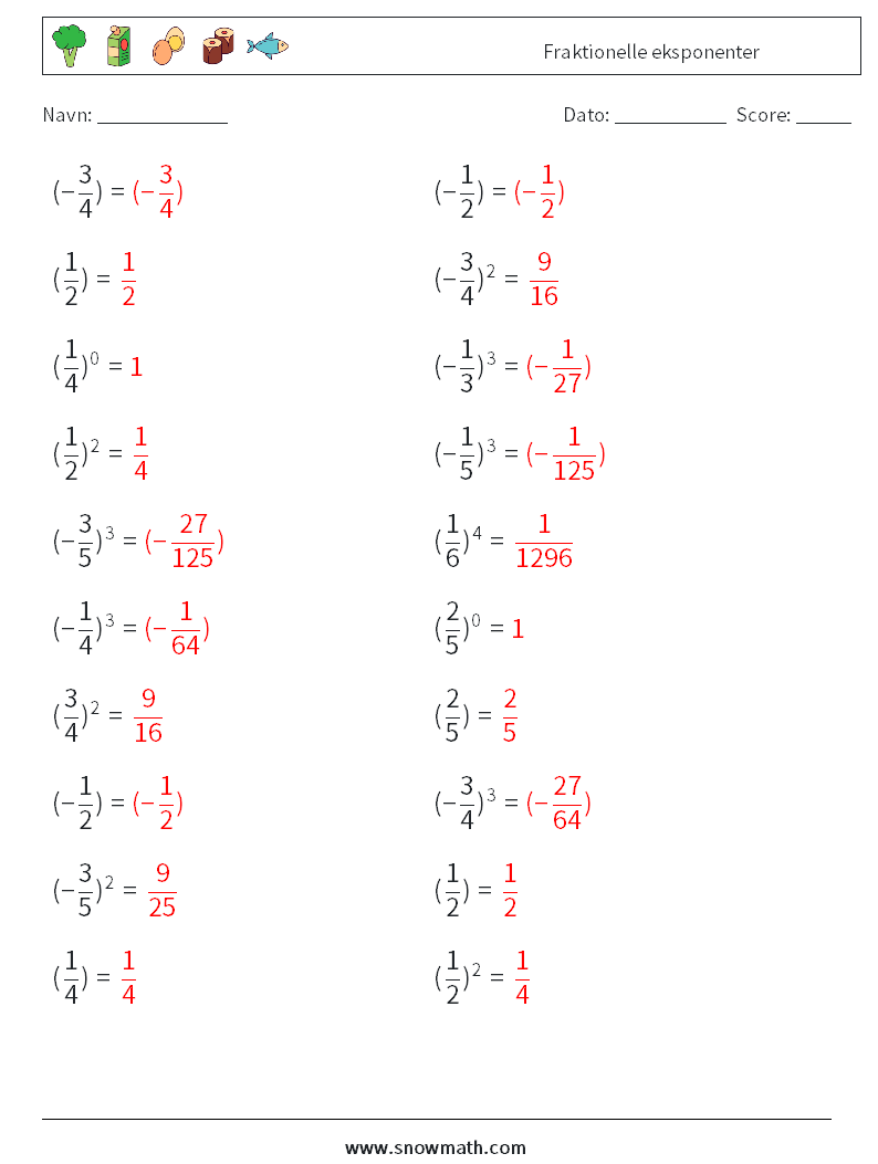 Fraktionelle eksponenter Matematiske regneark 2 Spørgsmål, svar