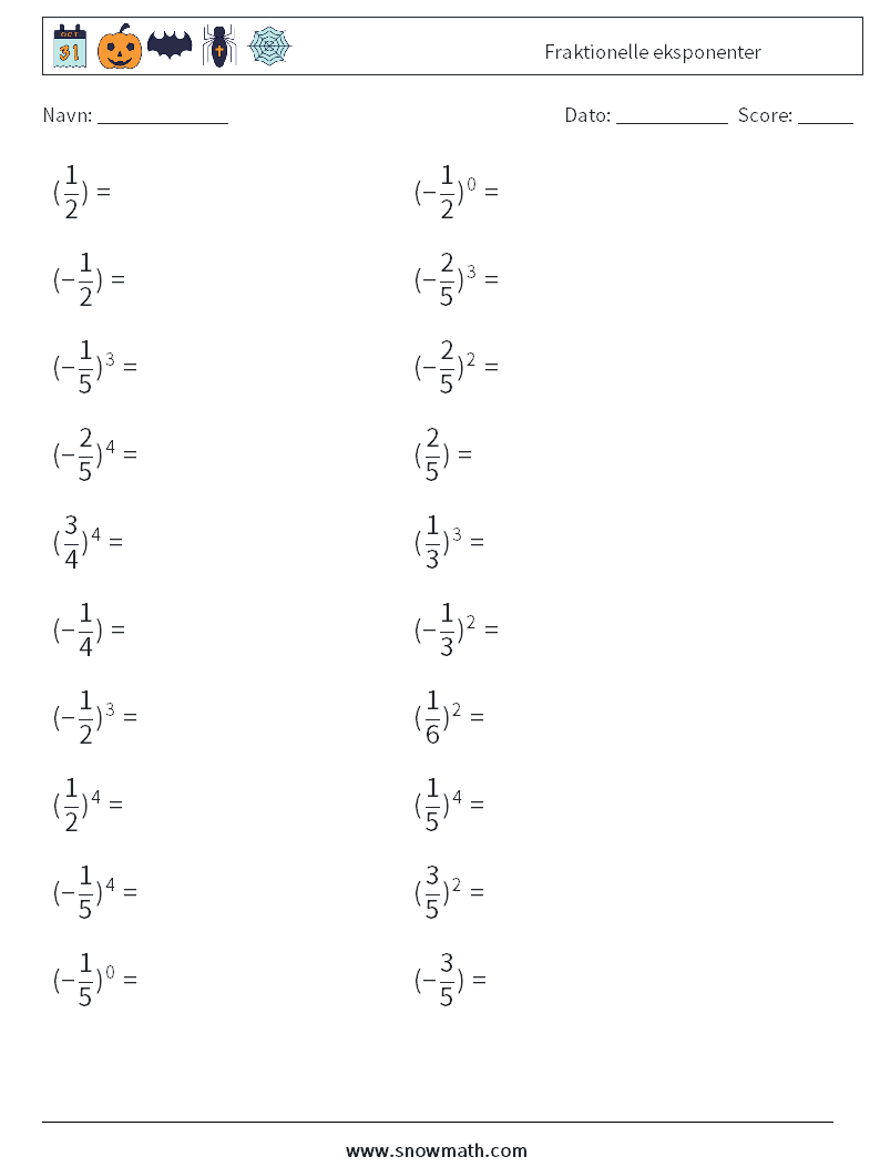 Fraktionelle eksponenter Matematiske regneark 3
