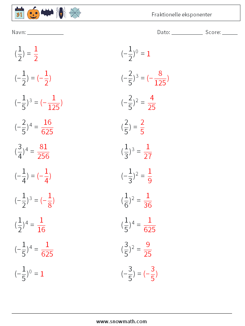 Fraktionelle eksponenter Matematiske regneark 3 Spørgsmål, svar