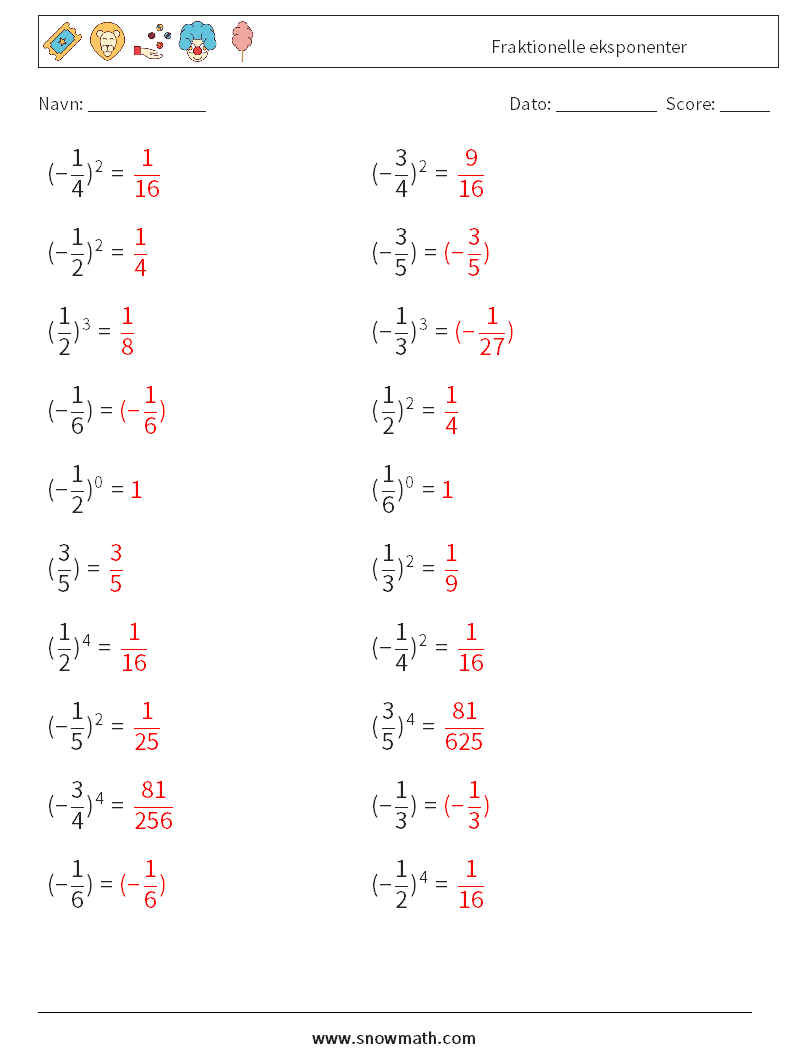 Fraktionelle eksponenter Matematiske regneark 4 Spørgsmål, svar