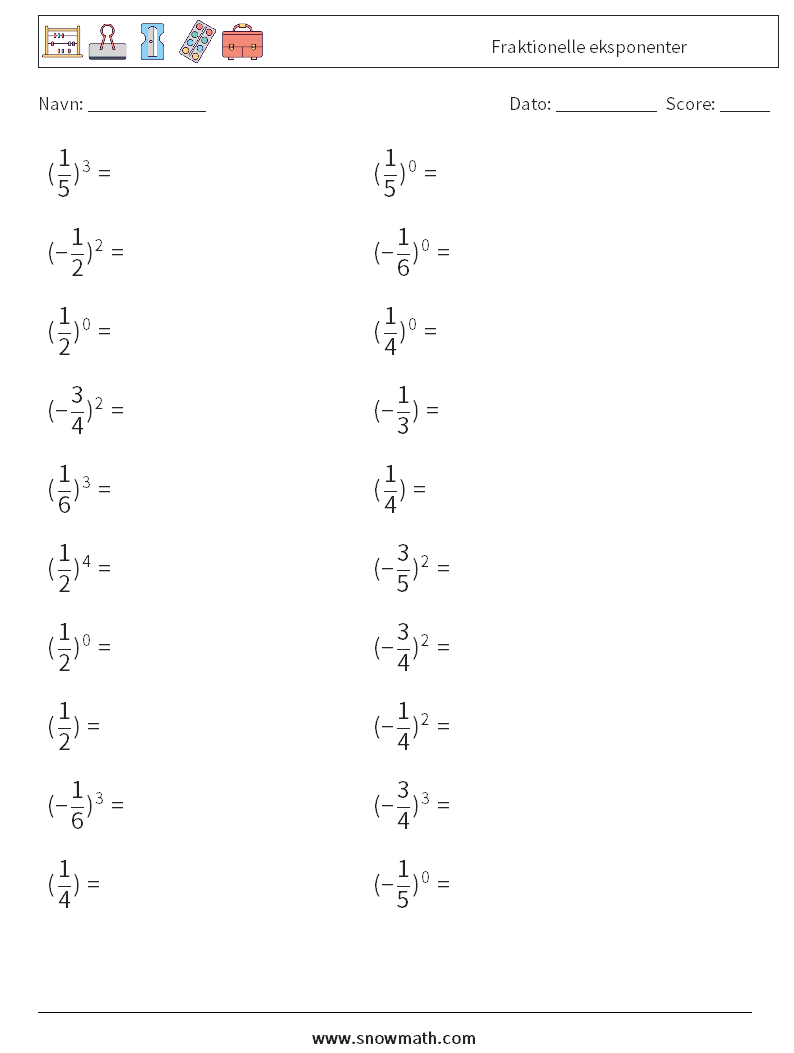 Fraktionelle eksponenter Matematiske regneark 5