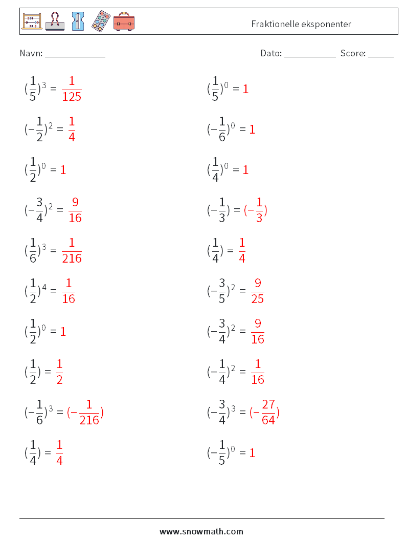 Fraktionelle eksponenter Matematiske regneark 5 Spørgsmål, svar