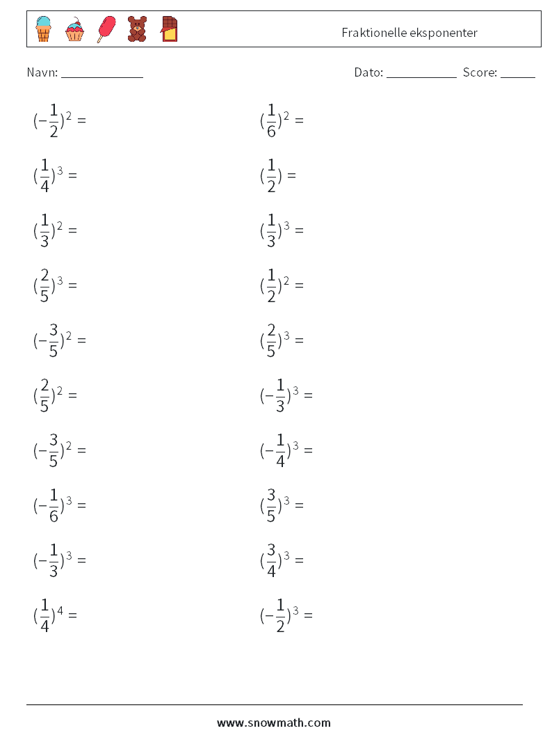 Fraktionelle eksponenter Matematiske regneark 6