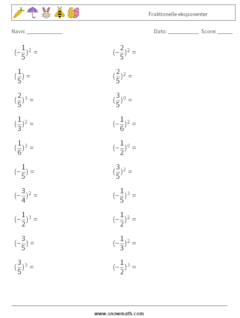 Fraktionelle eksponenter Matematiske regneark 7