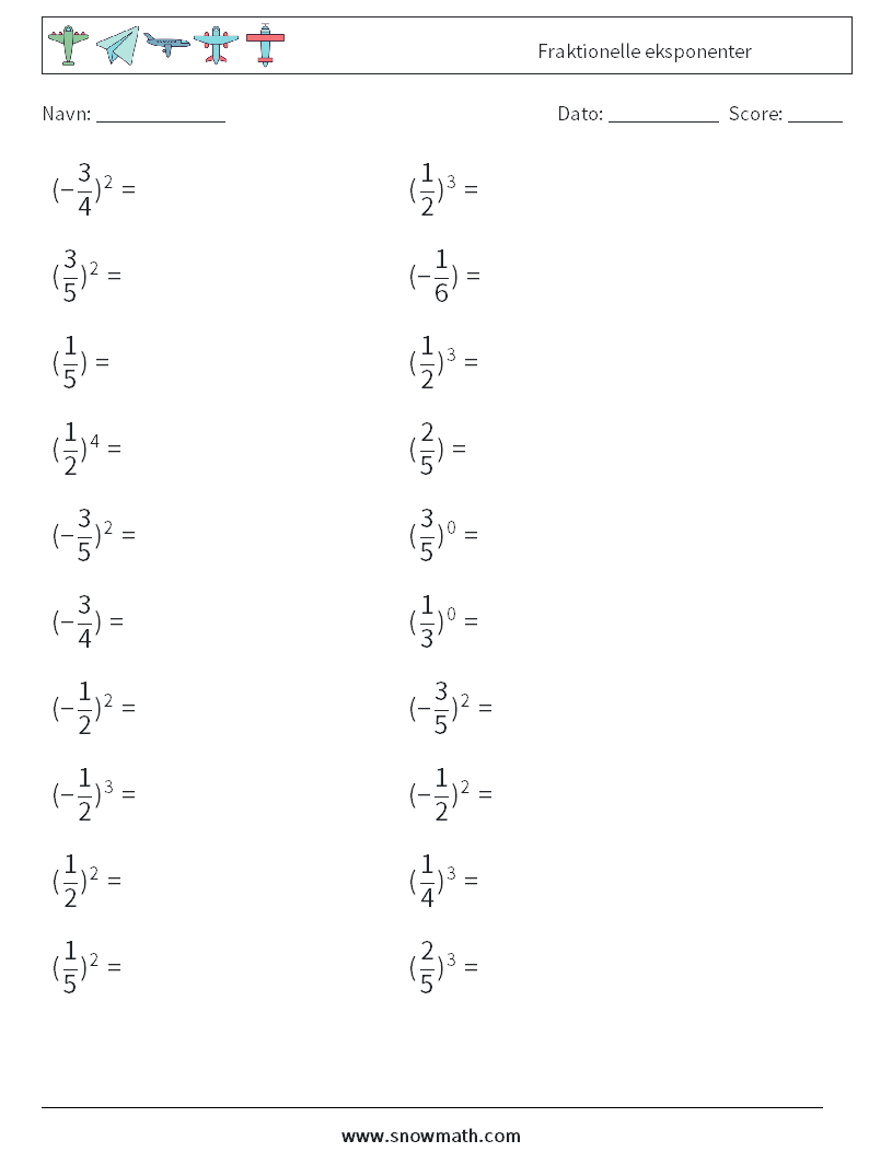 Fraktionelle eksponenter Matematiske regneark 8