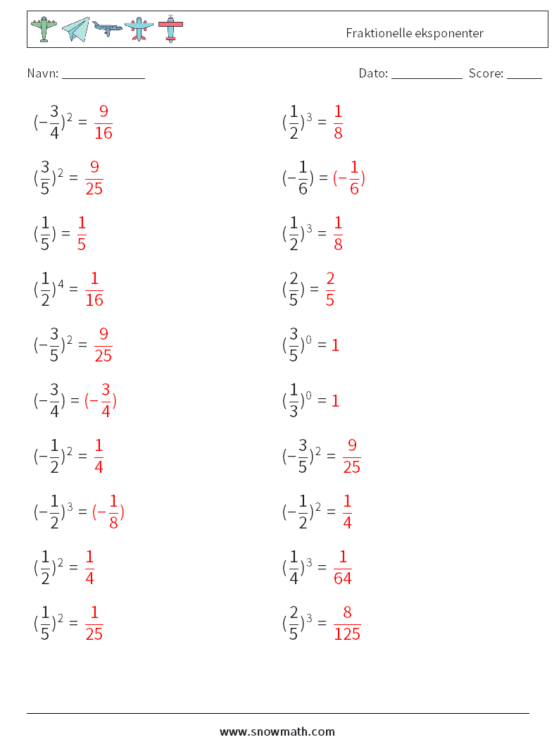 Fraktionelle eksponenter Matematiske regneark 8 Spørgsmål, svar