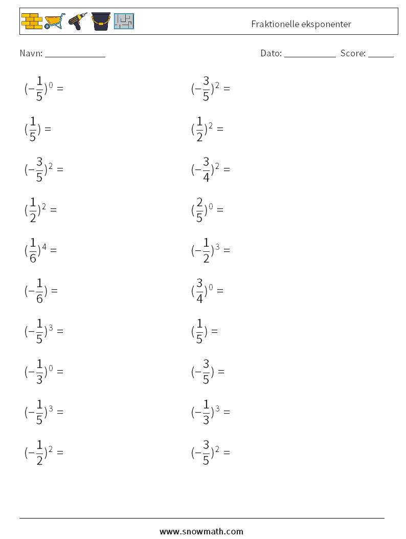 Fraktionelle eksponenter Matematiske regneark 9