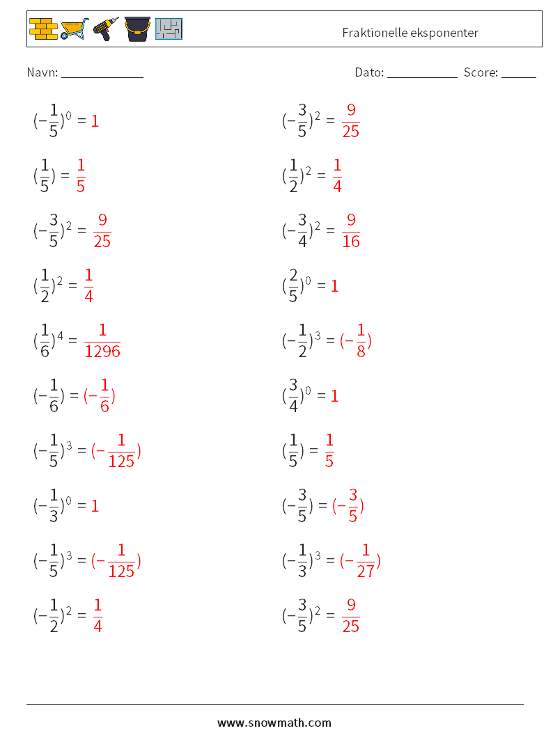 Fraktionelle eksponenter Matematiske regneark 9 Spørgsmål, svar