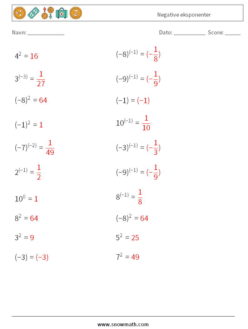  Negative eksponenter Matematiske regneark 2 Spørgsmål, svar