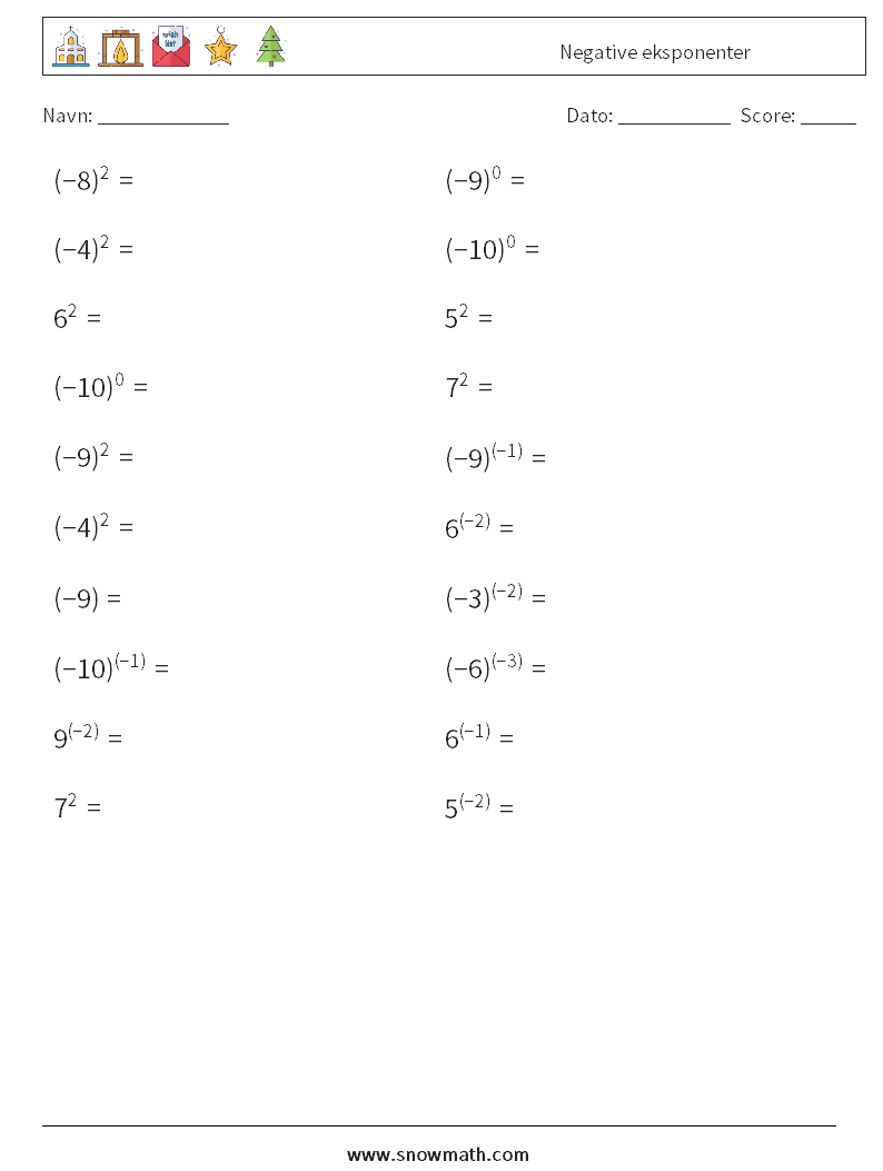  Negative eksponenter Matematiske regneark 3