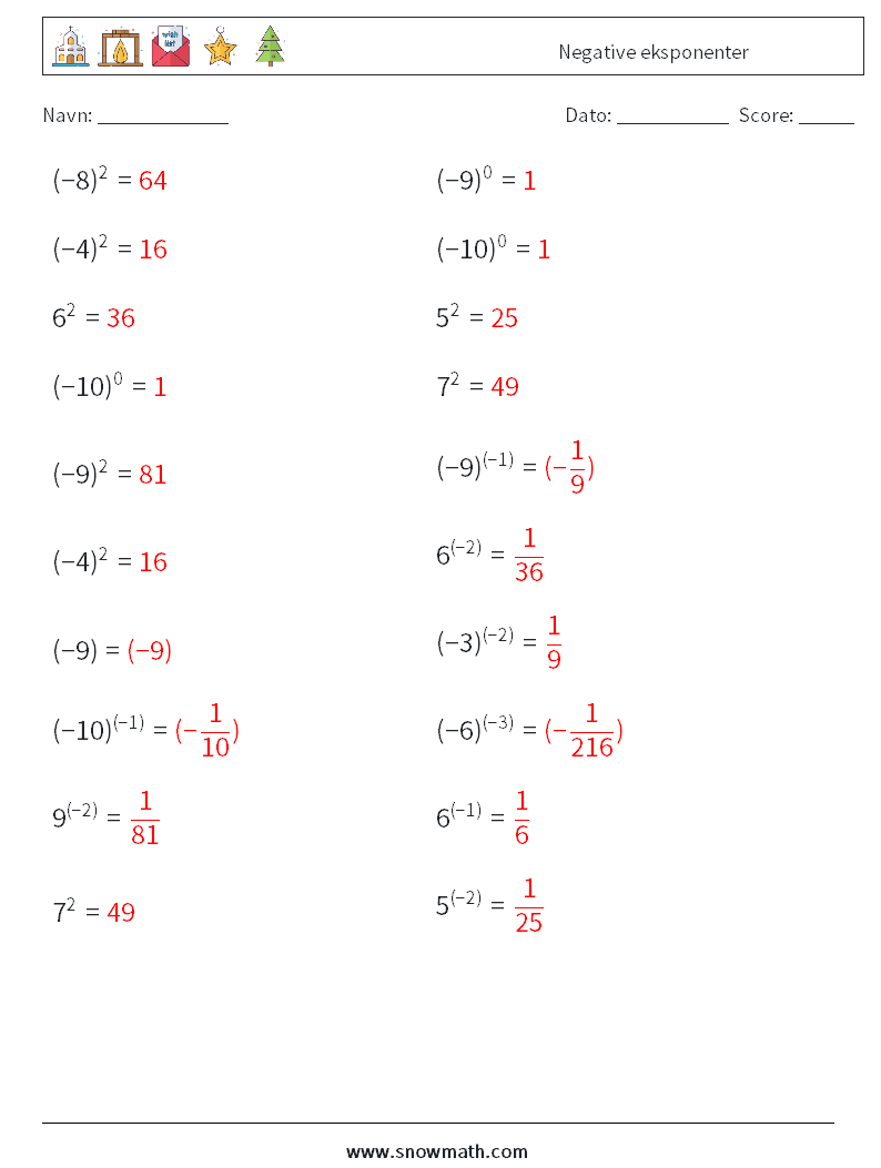  Negative eksponenter Matematiske regneark 3 Spørgsmål, svar