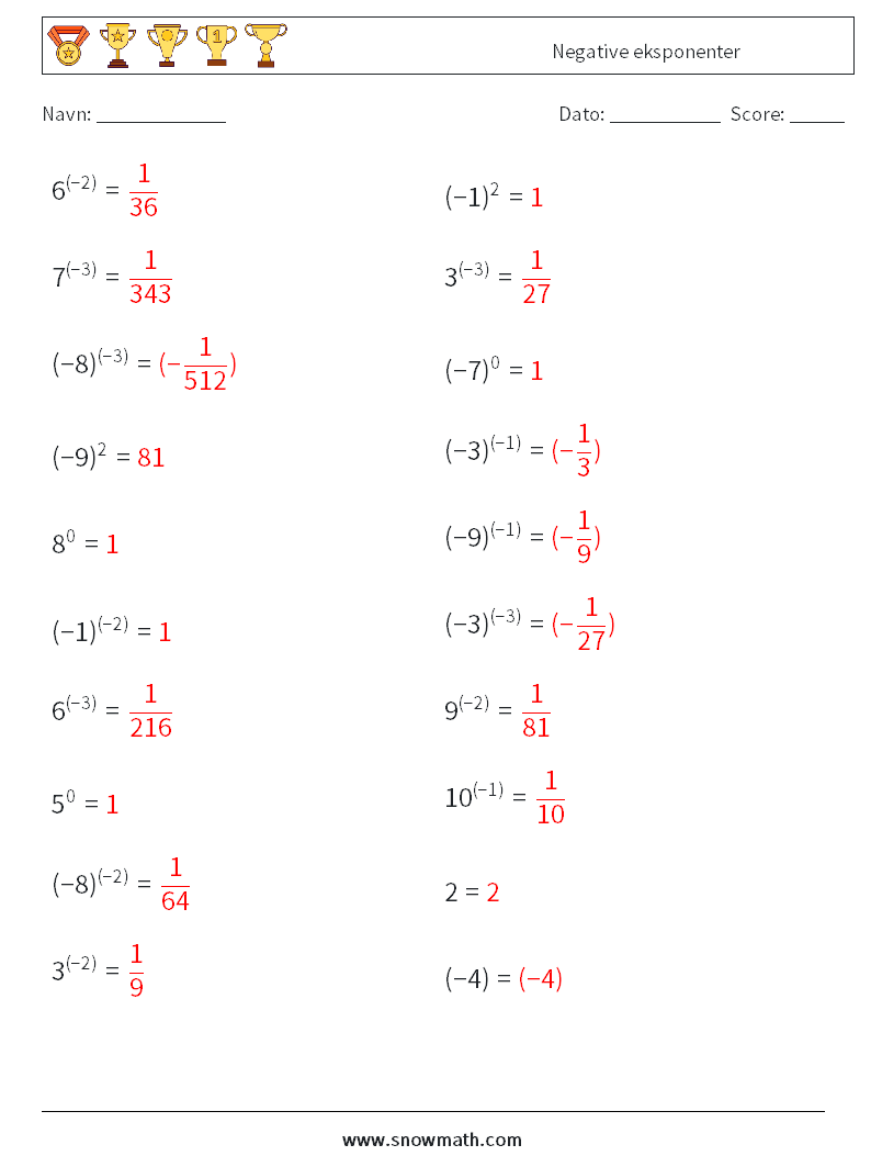  Negative eksponenter Matematiske regneark 4 Spørgsmål, svar