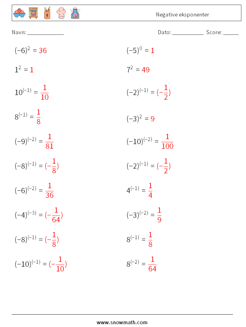  Negative eksponenter Matematiske regneark 5 Spørgsmål, svar