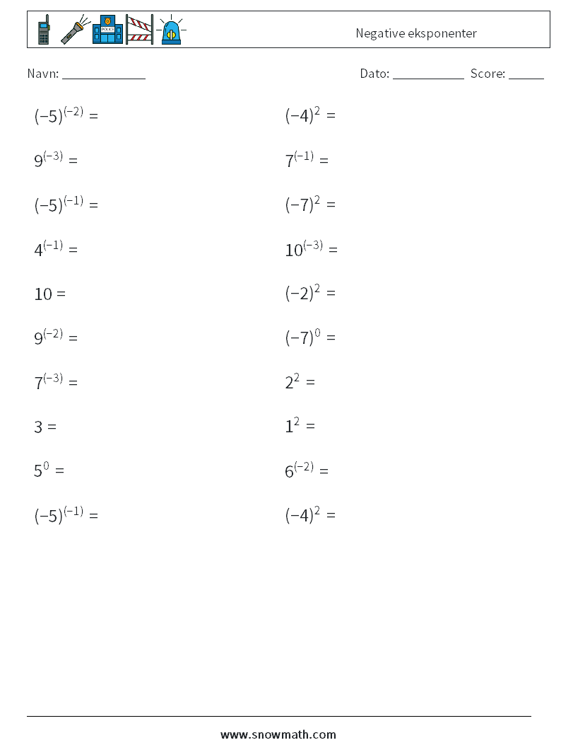  Negative eksponenter Matematiske regneark 7
