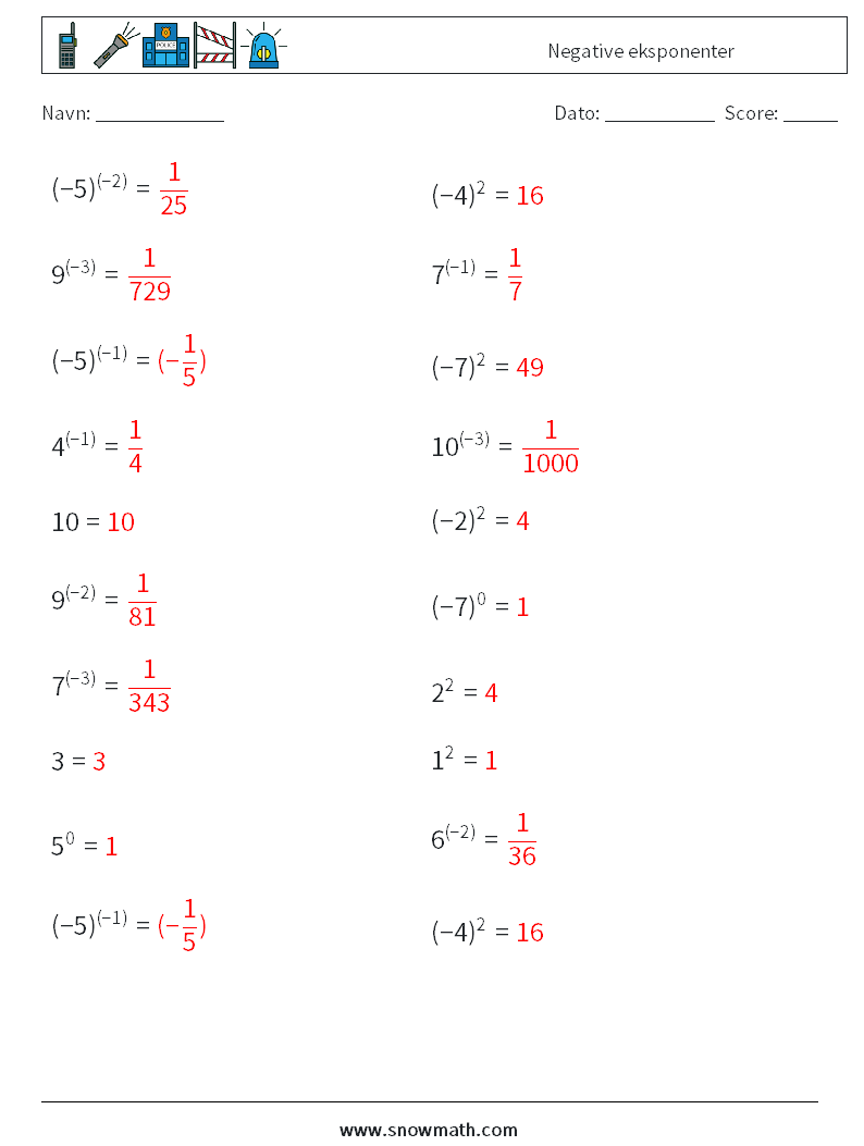  Negative eksponenter Matematiske regneark 7 Spørgsmål, svar