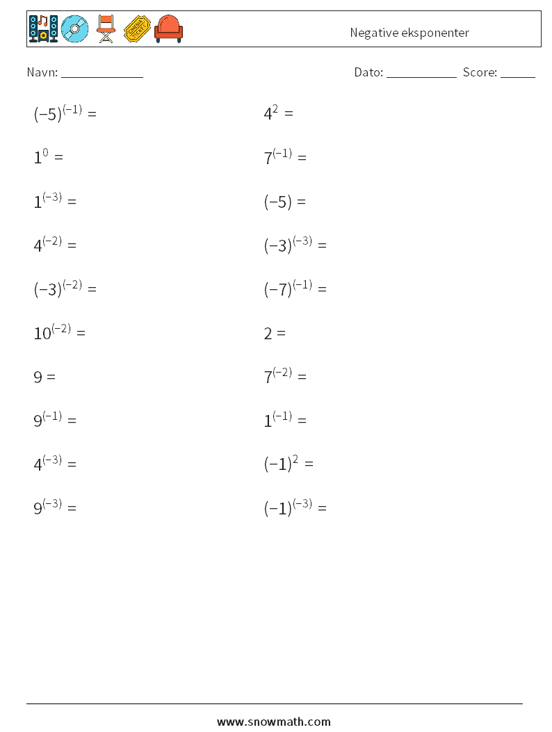  Negative eksponenter Matematiske regneark 8
