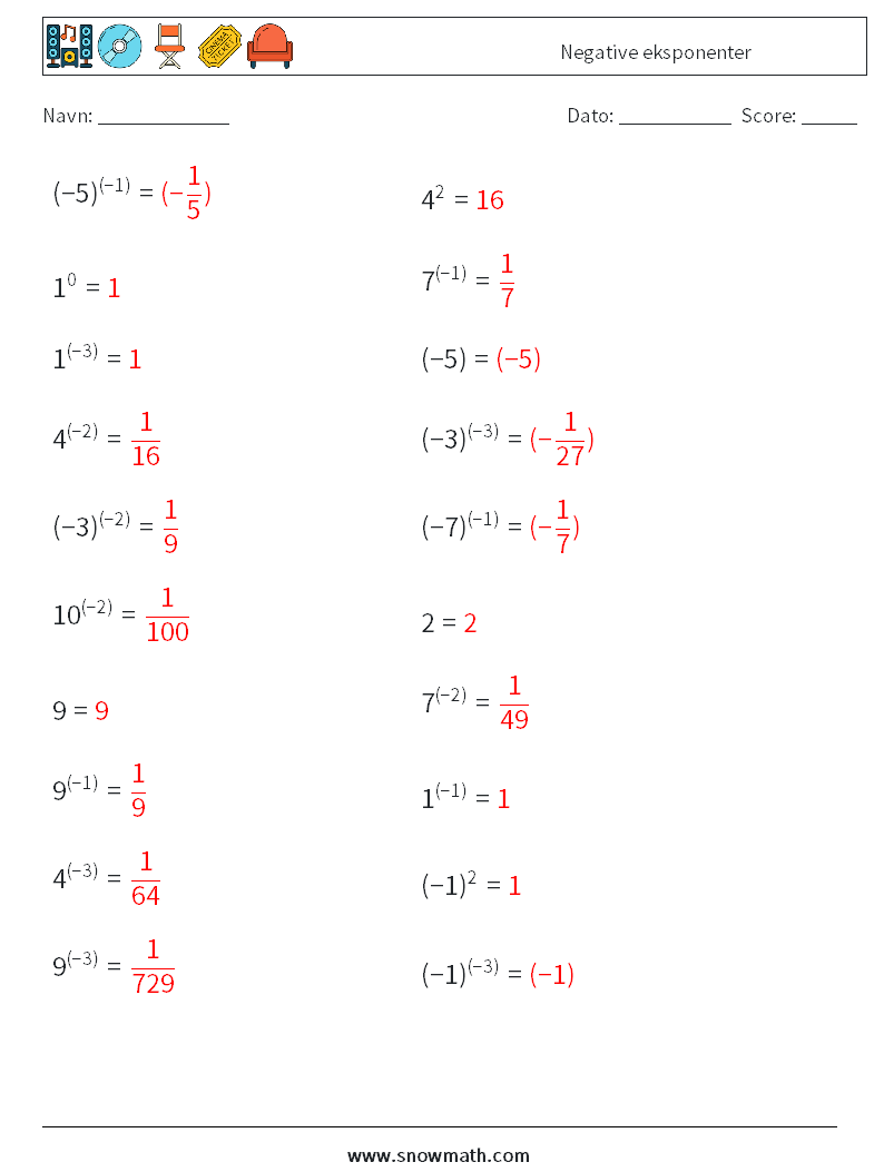  Negative eksponenter Matematiske regneark 8 Spørgsmål, svar