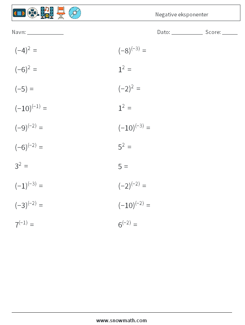  Negative eksponenter Matematiske regneark 9
