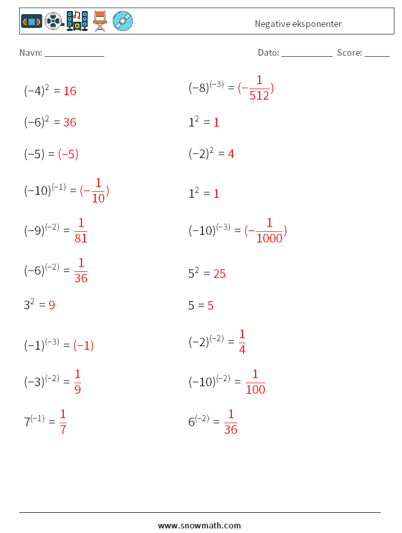  Negative eksponenter Matematiske regneark 9 Spørgsmål, svar