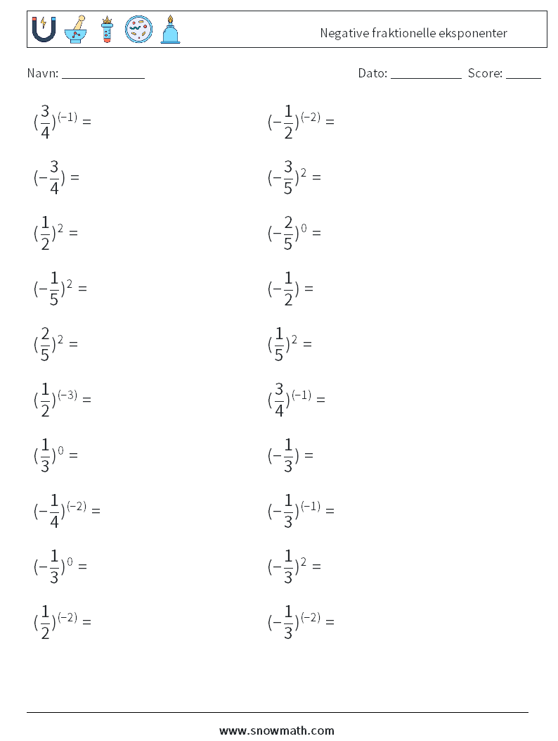 Negative fraktionelle eksponenter Matematiske regneark 1