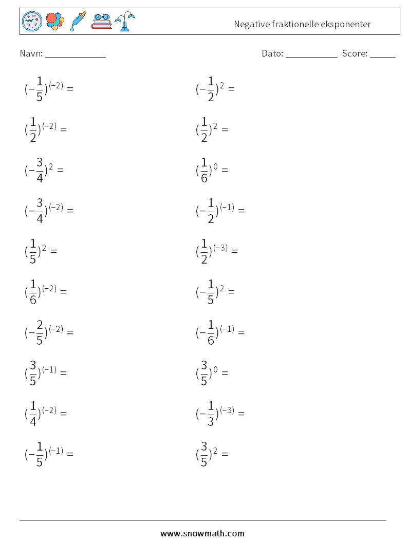 Negative fraktionelle eksponenter Matematiske regneark 2