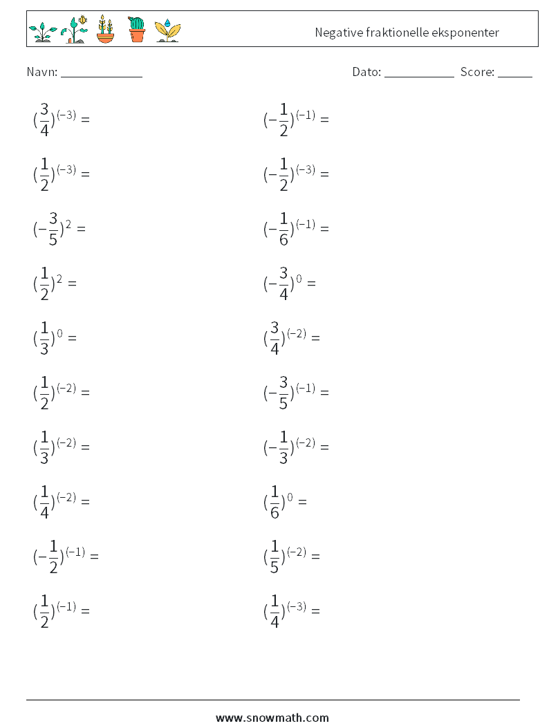 Negative fraktionelle eksponenter Matematiske regneark 3