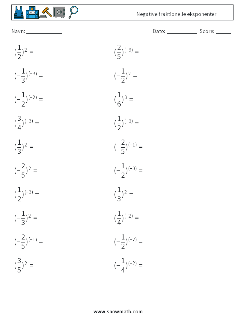 Negative fraktionelle eksponenter Matematiske regneark 4